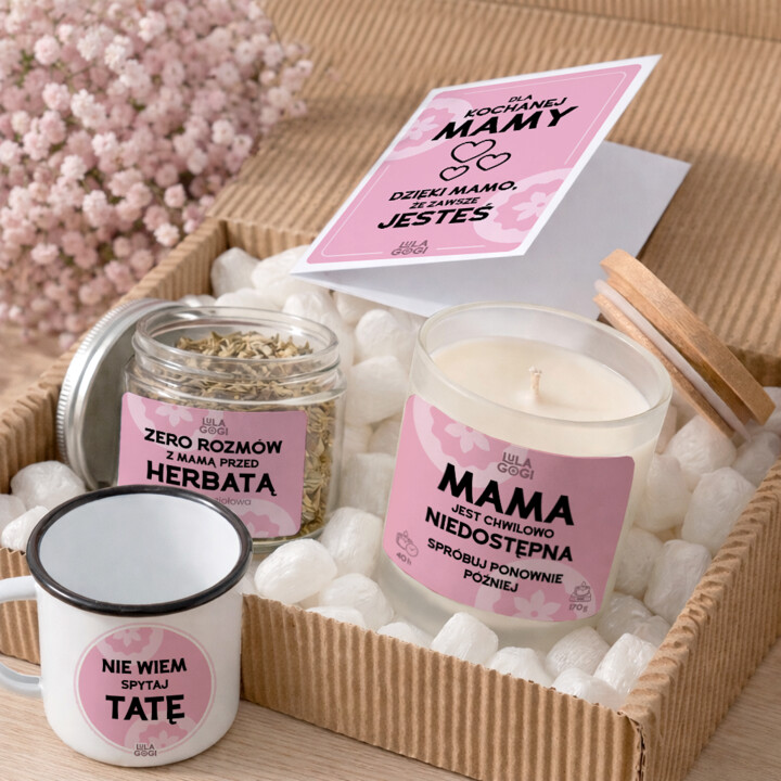 Zestaw prezentowy dla mamy - mama niedostępna - kubek emaliowany, herbata, świeczka i kartka - Lulagogi