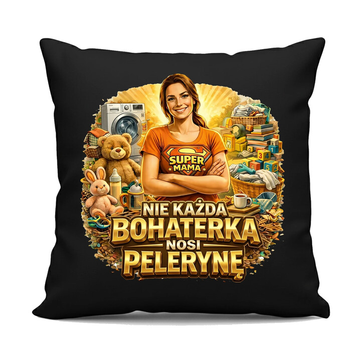 Nie każda bohaterka nosi pelerynę - Mama - czarna poduszka na prezent