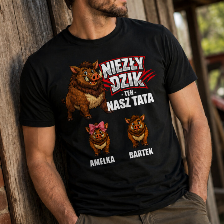 Niezły dzik ten nasz tata + imiona dzieci - męska koszulka na prezent - produkt personalizowany