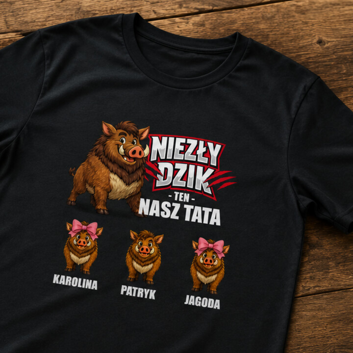 Niezły dzik ten nasz tata + imiona dzieci - męska koszulka na prezent - produkt personalizowany