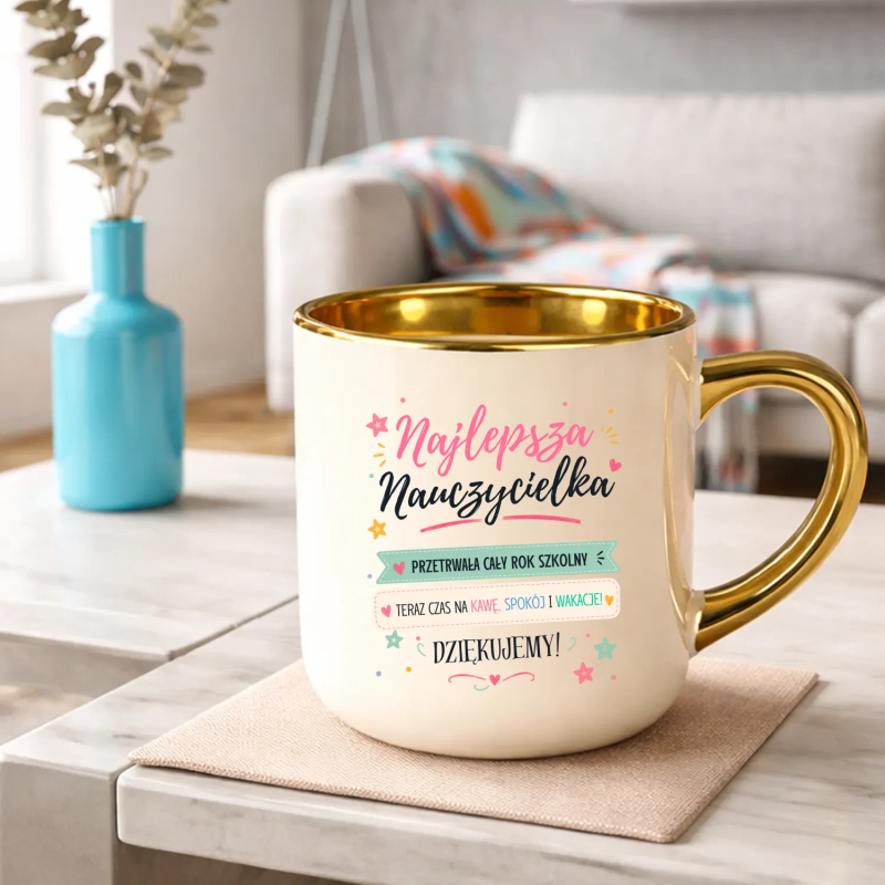 Najlepsza nauczycielka. Przetrwała cały rok szkolny, teraz czas na kawę, spokój i wakacje. Dziękujemy! - kubek elegancki na