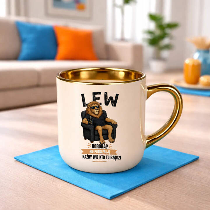 Lew korona nie potrzebuję każdy wie kto tu rządzi - kubek elegancki na prezent