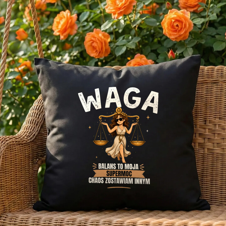 Waga balans to moja supermoc chaos zostawiam innym - czarna poduszka na prezent