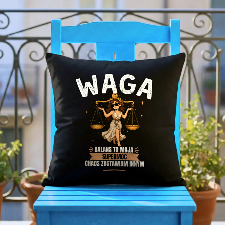 Waga balans to moja supermoc chaos zostawiam innym - czarna poduszka na prezent
