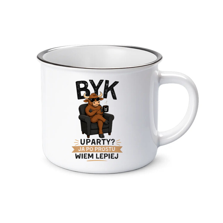 Byk uparty ja po prostu wiem lepiej - kubek emaliowany na prezent