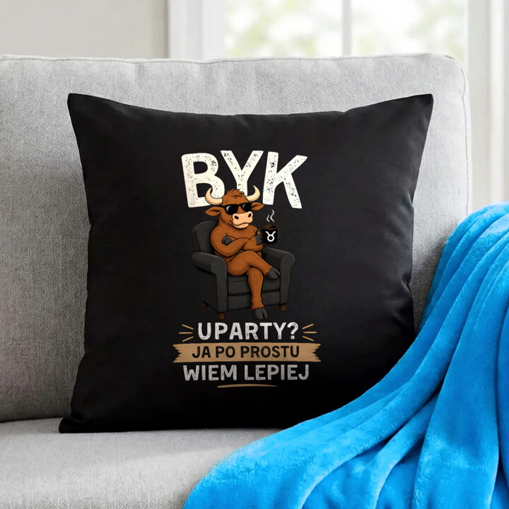 Byk uparty ja po prostu wiem lepiej - czarna poduszka na prezent
