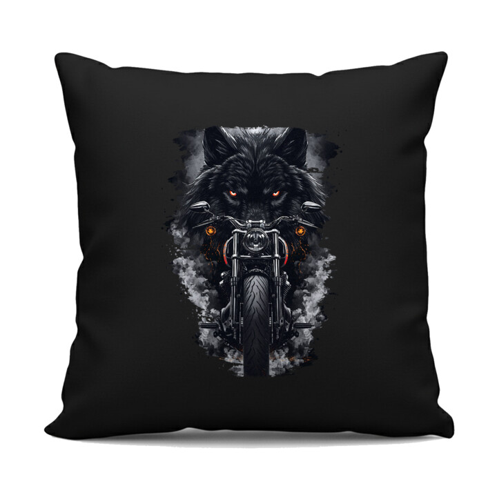 Motocykl z wilkiem - czarna poduszka na prezent