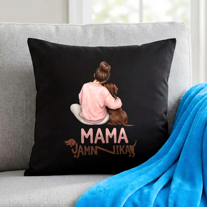 Poduszka czarna Mama Jamnika - dla miłośniczki jamników