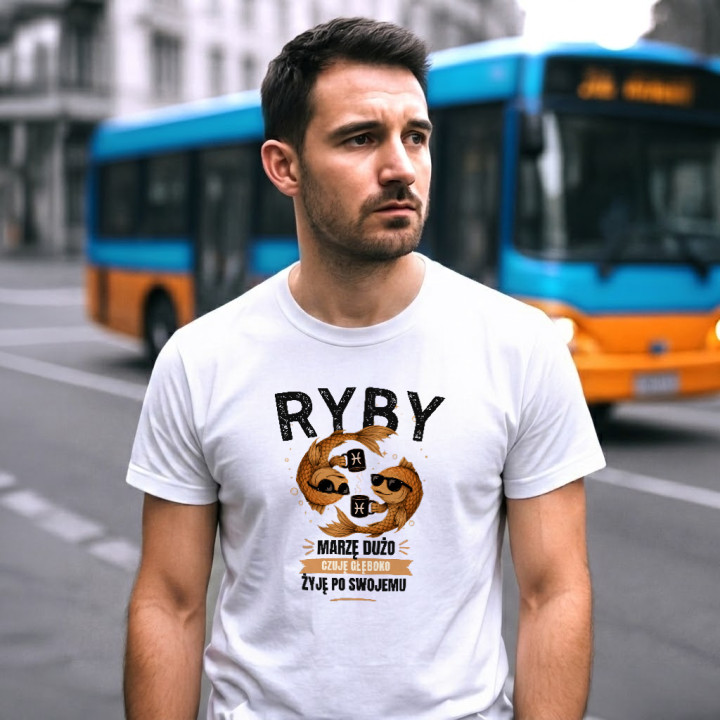 RYBY marzę dużo czuję głęboko żyję po swojemu - męska koszulka na prezent dla osoby spod znaku Ryb