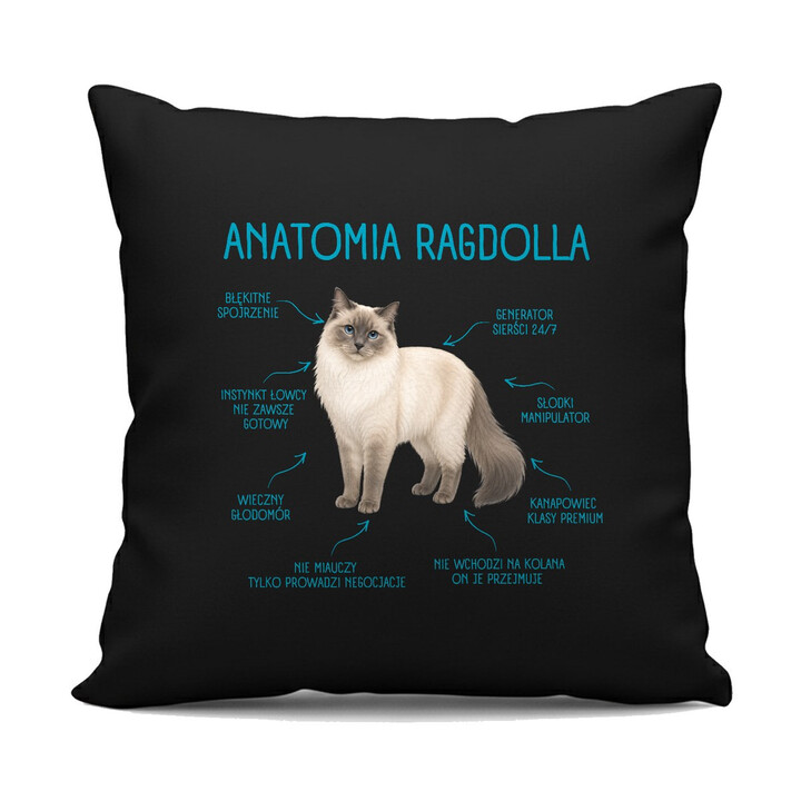 Anatomia Ragdolla - czarna poduszka na prezent dla miłośnika kota