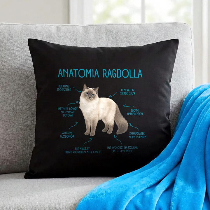 Anatomia Ragdolla - czarna poduszka na prezent dla miłośnika kota
