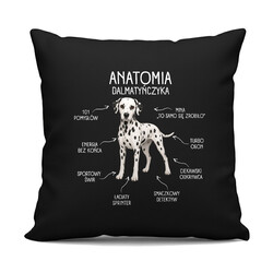 Anatomia Dalmatyńczyka - czarna poduszka na prezent dla miłośnika psa