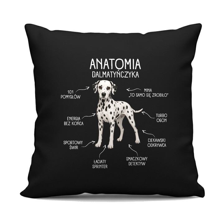 Anatomia Dalmatyńczyka - czarna poduszka na prezent dla miłośnika psa