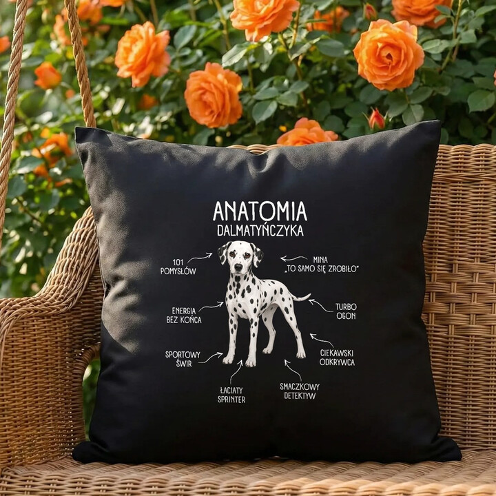 Anatomia Dalmatyńczyka - czarna poduszka na prezent dla miłośnika psa