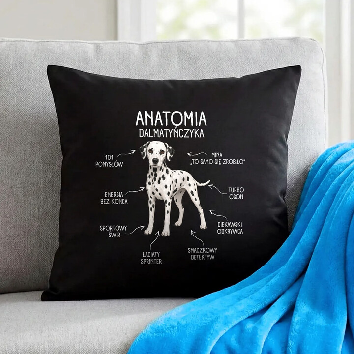 Anatomia Dalmatyńczyka - czarna poduszka na prezent dla miłośnika psa