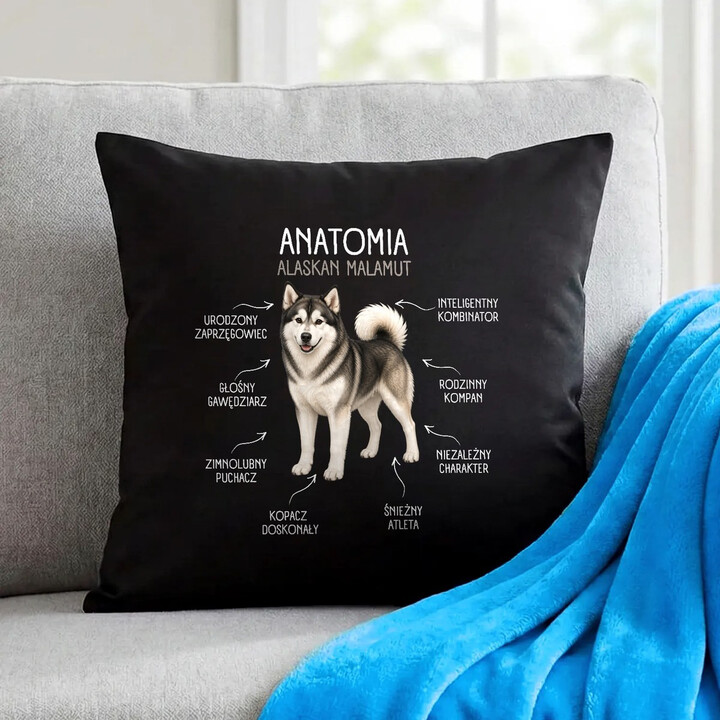 Anatomia Alaskan Malamut - czarna poduszka na prezent dla miłośnika psa