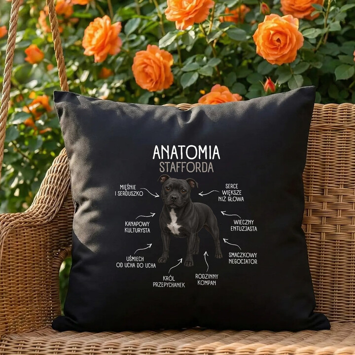 Anatomia Stafforda - czarna poduszka na prezent dla miłośnika psa
