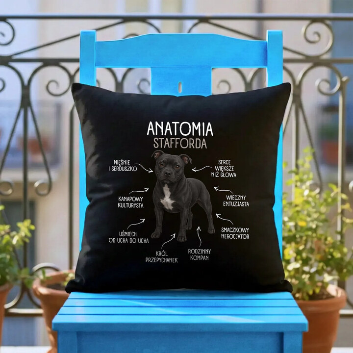 Anatomia Stafforda - czarna poduszka na prezent dla miłośnika psa