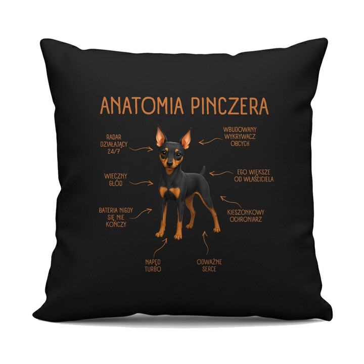 Anatomia Pinczera - czarna poduszka na prezent dla miłośnika psa