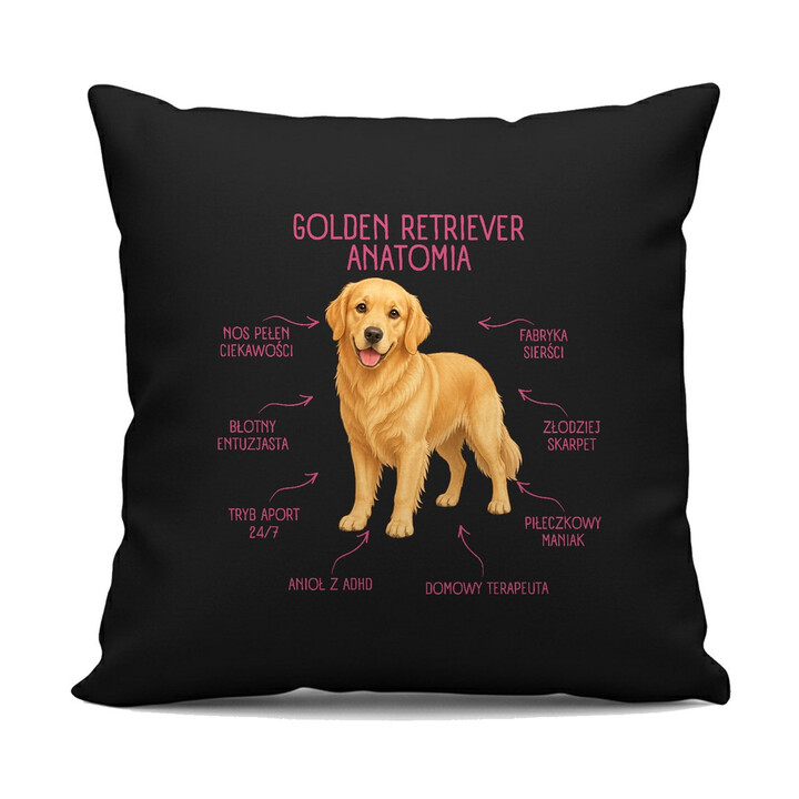 Anatomia Golden Retrievera - czarna poduszka na prezent dla miłośnika psa