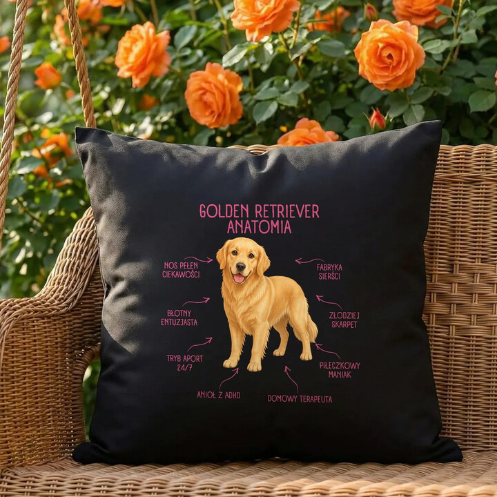 Anatomia Golden Retrievera - czarna poduszka na prezent dla miłośnika psa