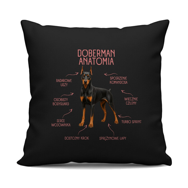 Anatomia Dobermana - czarna poduszka na prezent dla miłośnika psa