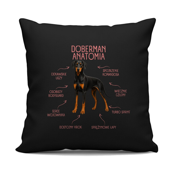 Anatomia Dobermana v2 - czarna poduszka na prezent dla miłośnika psa