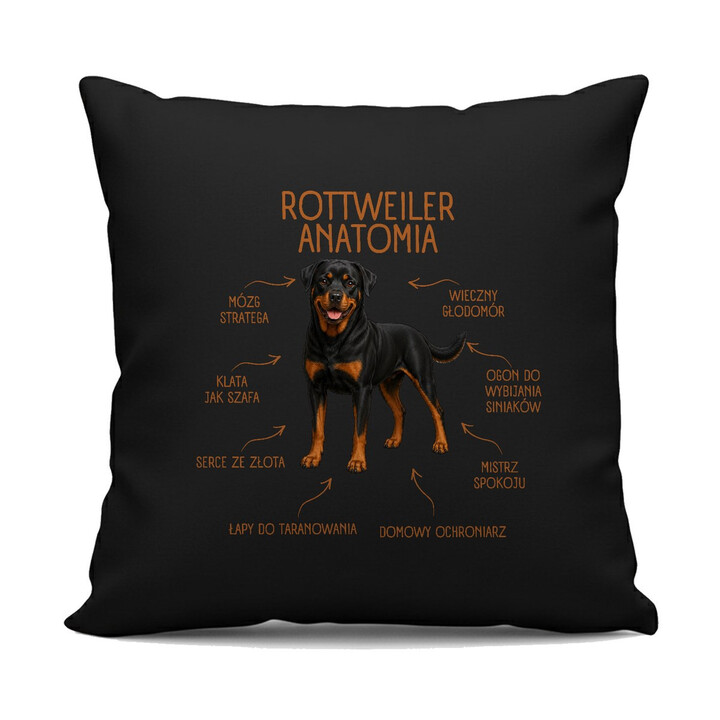 Anatomia Rottweilera - czarna poduszka na prezent dla miłośnika psa