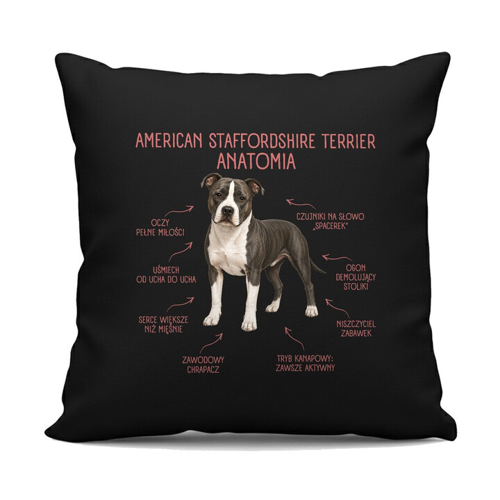 Anatomia American Staffordshire Terriera - czarna poduszka na prezent dla miłośnika psa
