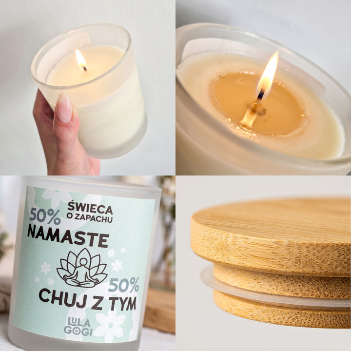 50% Namaste 50% Chuj z tym - świeczka zapachowa na prezent - Lulagogi