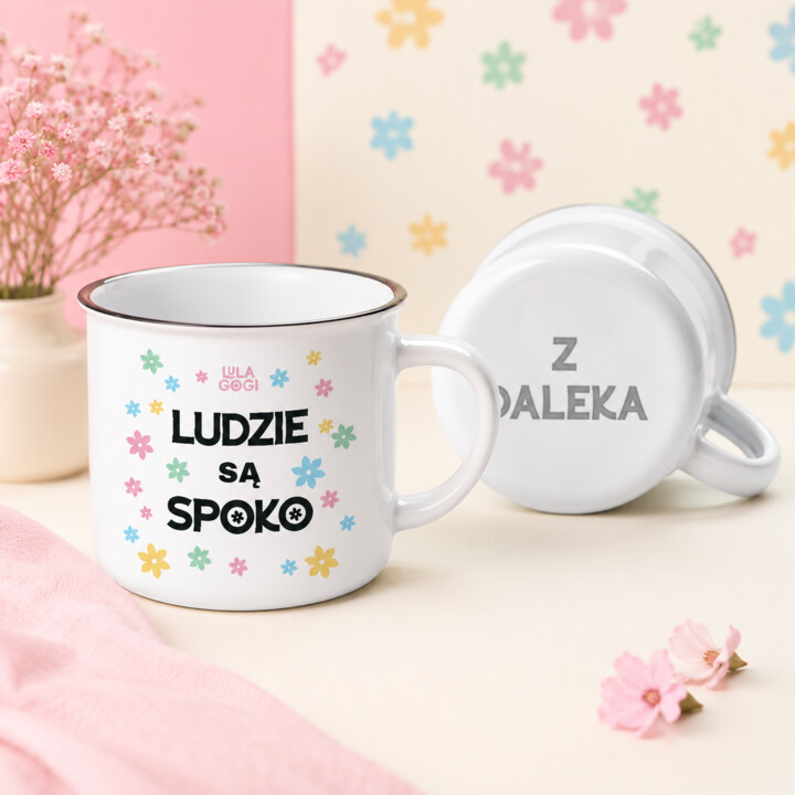 Ludzie są spoko z daleka - kubek emaliowany z grawerem na spodzie - Lulagogi