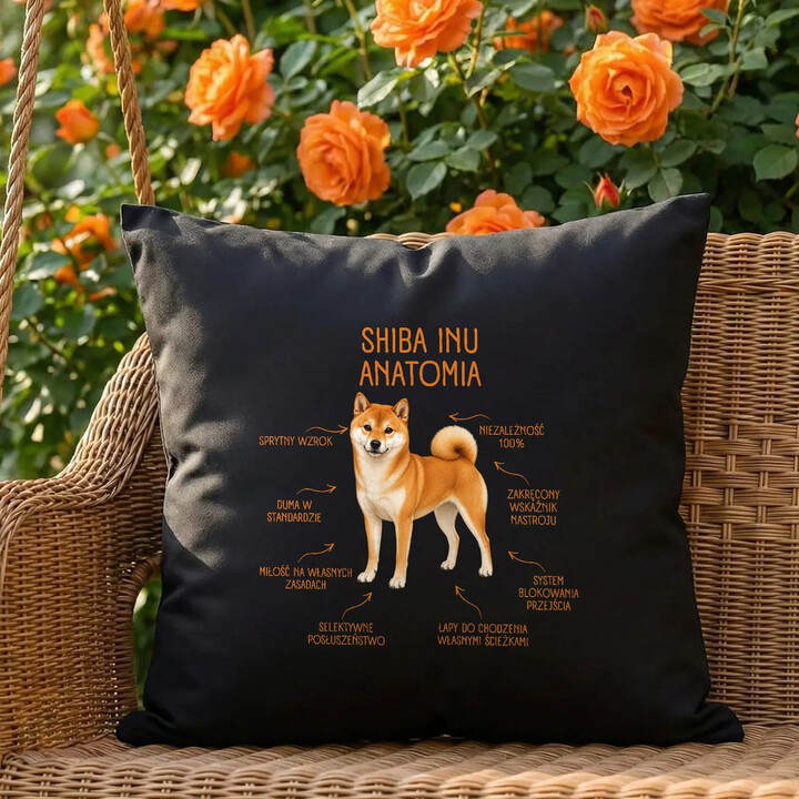 Anatomia Shiba Inu - czarna poduszka na prezent dla miłośnika psa