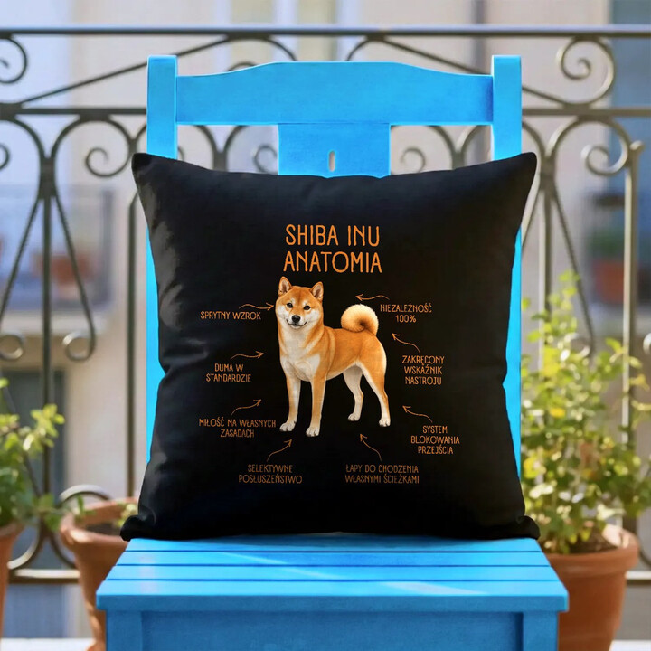 Anatomia Shiba Inu - czarna poduszka na prezent dla miłośnika psa