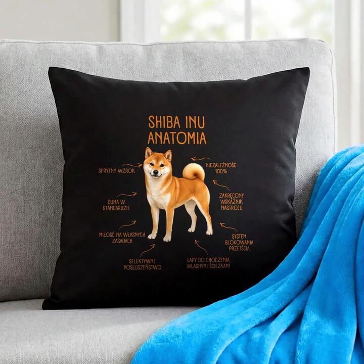 Anatomia Shiba Inu - czarna poduszka na prezent dla miłośnika psa