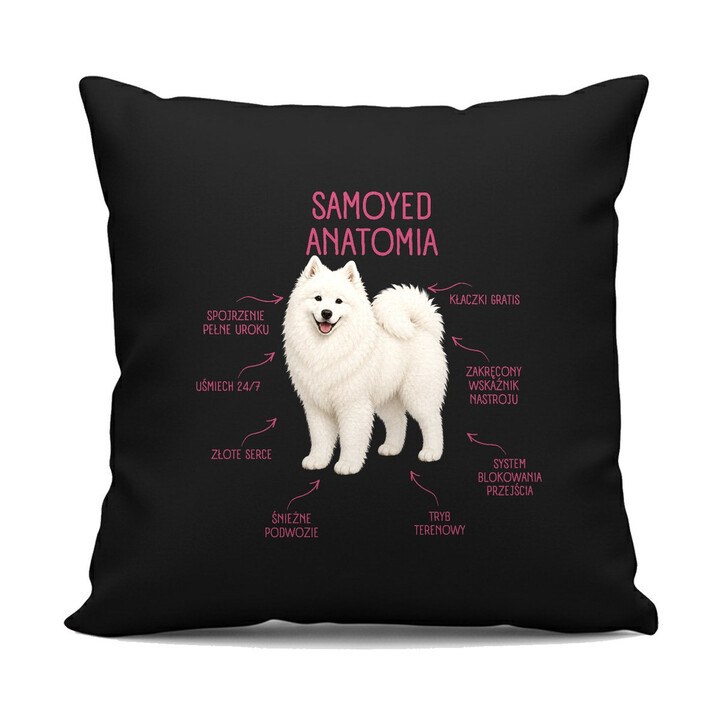 Anatomia Samoyeda - czarna poduszka na prezent dla miłośnika psa