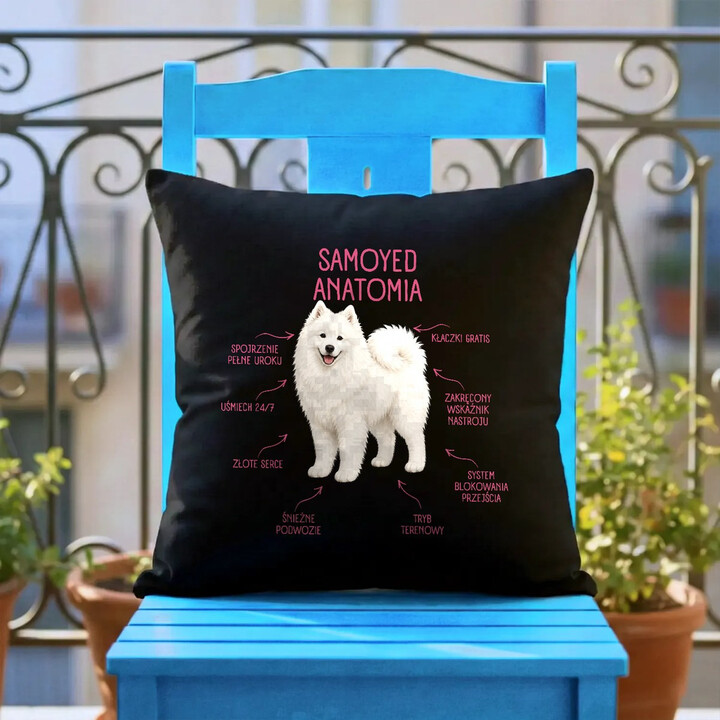 Anatomia Samoyeda - czarna poduszka na prezent dla miłośnika psa