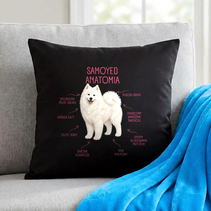 Anatomia Samoyeda - czarna poduszka na prezent dla miłośnika psa
