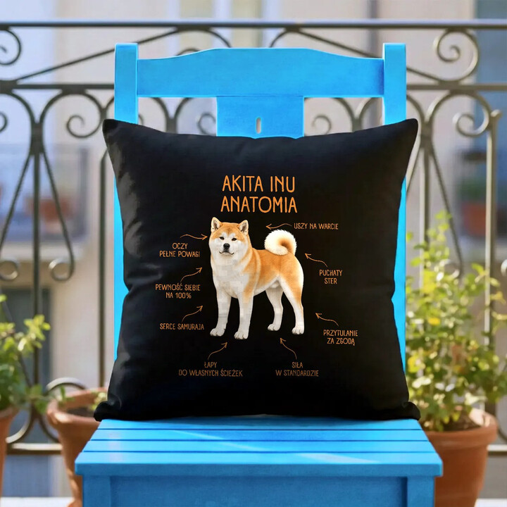 Anatomia Akita Inu - czarna poduszka na prezent dla miłośnika psa