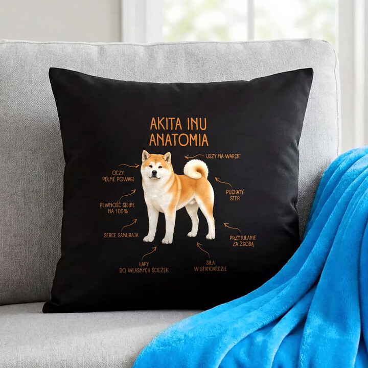 Anatomia Akita Inu - czarna poduszka na prezent dla miłośnika psa