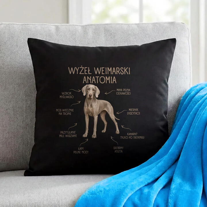 Anatomia Wyżła Weimarskiego - czarna poduszka na prezent dla miłośnika psa