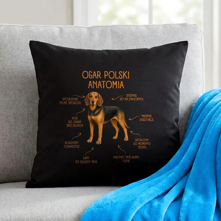 Anatomia Ogara Polskiego - czarna poduszka na prezent dla miłośnika psa