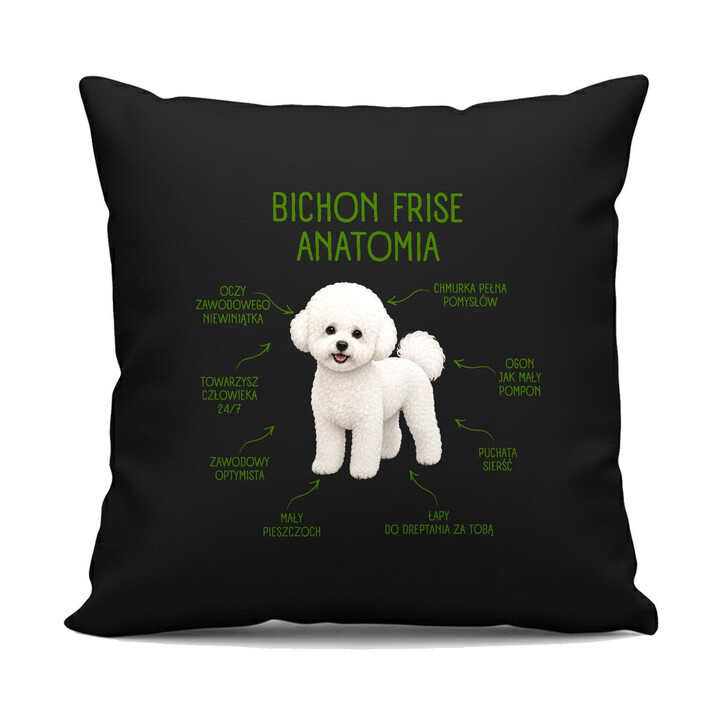 Anatomia Bichon Frise - czarna poduszka na prezent dla miłośnika psa