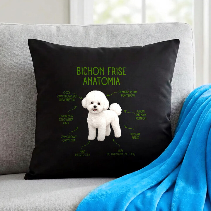 Anatomia Bichon Frise - czarna poduszka na prezent dla miłośnika psa
