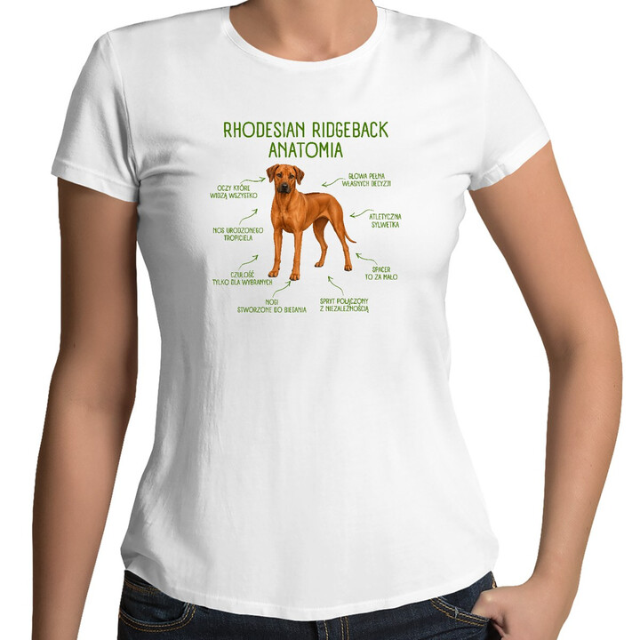 Anatomia Rhodesian Ridgebacka - damska koszulka na prezent dla miłośniczki psa