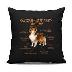 Anatomia Owczarka Szetlandzkiego - czarna poduszka na prezent dla miłośnika psa