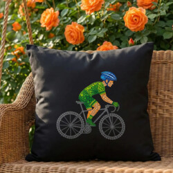 Rowerzysta z kropek - dzień kropki - czarna poduszka na prezent