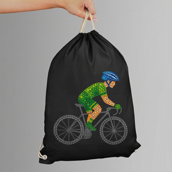 Rowerzysta z kropek - dzień kropki - worko-plecak na prezent