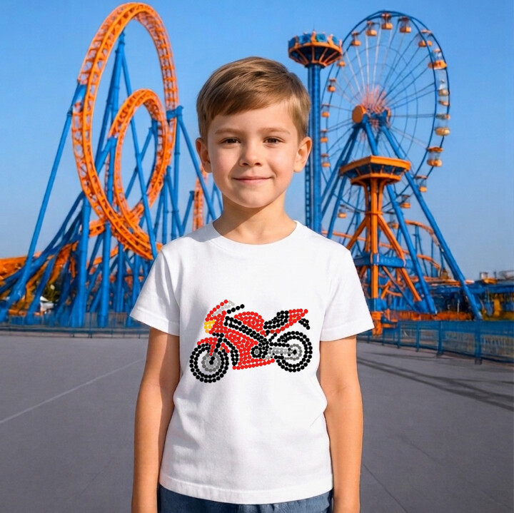 Motocykl z kropek - dzień kropki - dziecięca koszulka na prezent