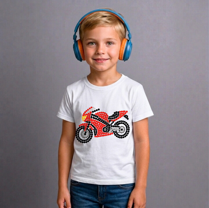 Motocykl z kropek - dzień kropki - dziecięca koszulka na prezent