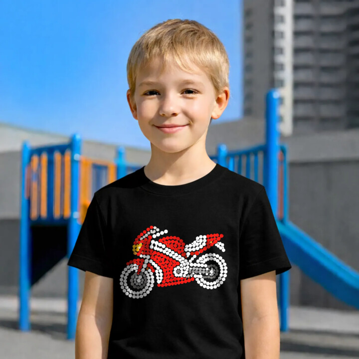 Motocykl z kropek - dzień kropki - dziecięca koszulka na prezent